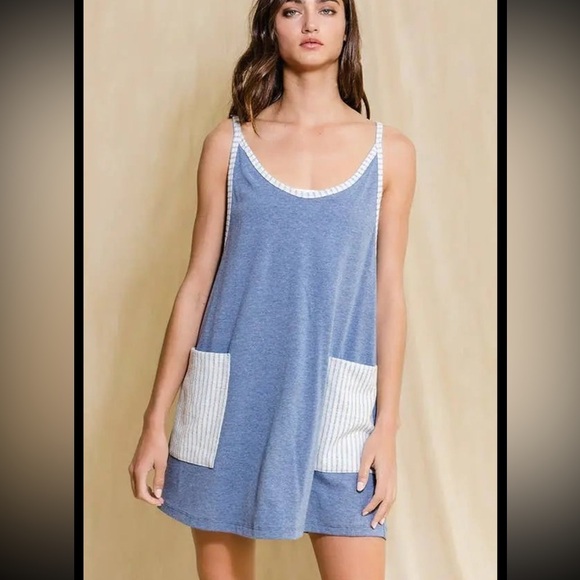 V-neck Mini Dress With Built In Romper Lining- Denim - Picture 5 of 9
